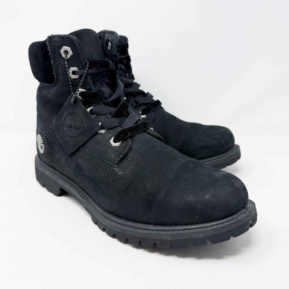 Timberland Black Nubuck Leather Lace Up Boots w Velvet Accents Women's Size 9